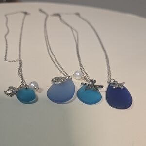 Silver and Blue Sea Glass Necklace Set